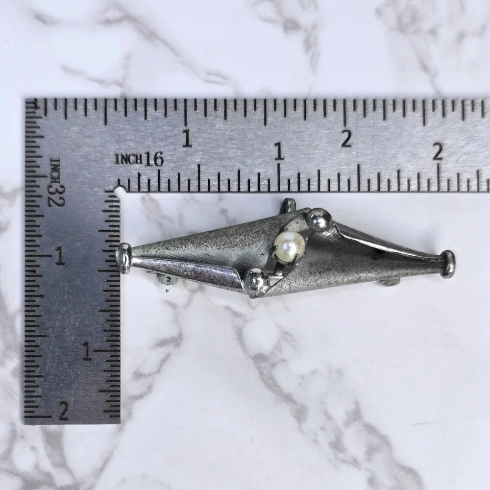 Vintage Carl-Art Sterling Silver Pearl Modernist Atomic Brooch CA Arrow Signed